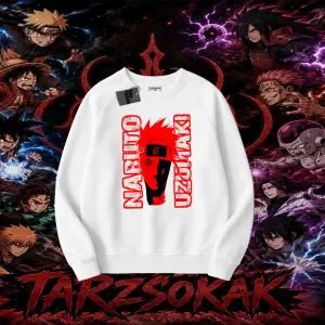 Naruto Uzumaki Premium Anime Oversize Unisex Bisiklet Yaka Sweatshirt Beyaz