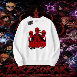 Naruto Uzumaki Premium Anime Oversize Unisex Bisiklet Yaka Sweatshirt Beyaz