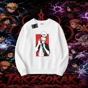 Naruto Uzumaki Premium Anime Oversize Unisex Bisiklet Yaka Sweatshirt Beyaz