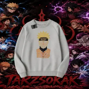 Naruto Uzumaki Premium Anime Oversize Unisex Bisiklet Yaka Sweatshirt Beyaz