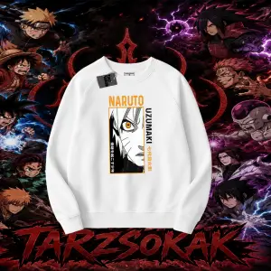 Naruto Uzumaki Premium Anime Oversize Unisex Bisiklet Yaka Sweatshirt Beyaz