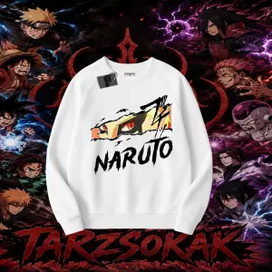 Naruto Uzumaki Premium Anime Oversize Unisex Bisiklet Yaka Sweatshirt Beyaz
