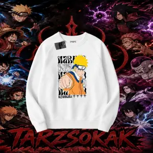 Naruto Uzumaki Premium Anime Oversize Unisex Bisiklet Yaka Sweatshirt Beyaz
