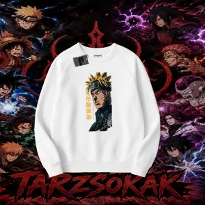 Naruto Uzumaki Premium Anime Oversize Unisex Bisiklet Yaka Sweatshirt Beyaz