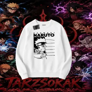 Naruto Uzumaki Premium Anime Oversize Unisex Bisiklet Yaka Sweatshirt Beyaz
