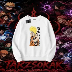 Naruto Uzumaki Premium Anime Oversize Unisex Bisiklet Yaka Sweatshirt Beyaz