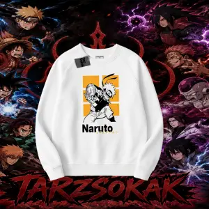 Naruto Uzumaki Premium Anime Oversize Unisex Bisiklet Yaka Sweatshirt Beyaz