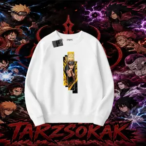 Naruto Uzumaki Premium Anime Oversize Unisex Bisiklet Yaka Sweatshirt Beyaz