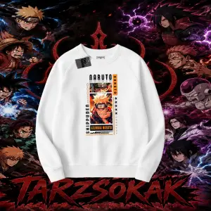 Naruto Uzumaki Premium Anime Oversize Unisex Bisiklet Yaka Sweatshirt Beyaz