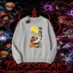 Naruto Uzumaki Premium Anime Oversize Unisex Bisiklet Yaka Sweatshirt Beyaz