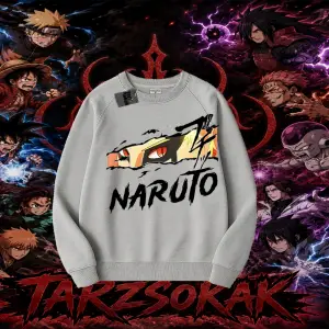 Naruto Uzumaki Premium Anime Oversize Unisex Bisiklet Yaka Sweatshirt Beyaz