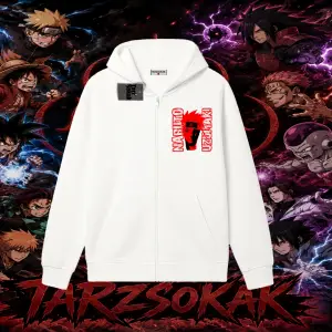 Naruto Uzumaki Premium Anime Oversize Unisex Hırka & Çeket Fermuarlı Sweatshirt Beyaz