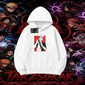 Naruto Uzumaki Premium Anime Oversize Unisex Kapşonlu Sweatshirt Beyaz