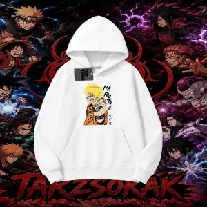 Naruto Uzumaki Premium Anime Oversize Unisex Kapşonlu Sweatshirt Beyaz
