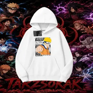 Naruto Uzumaki Premium Anime Oversize Unisex Kapşonlu Sweatshirt Beyaz