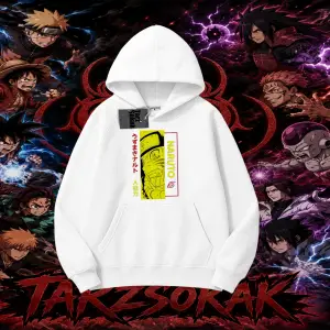 Naruto Uzumaki Premium Anime Oversize Unisex Kapşonlu Sweatshirt Beyaz