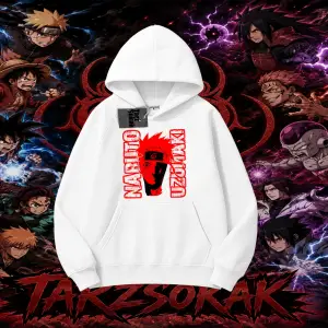 Naruto Uzumaki Premium Anime Oversize Unisex Kapşonlu Sweatshirt Beyaz