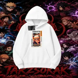 Naruto Uzumaki Premium Anime Oversize Unisex Kapşonlu Sweatshirt Beyaz