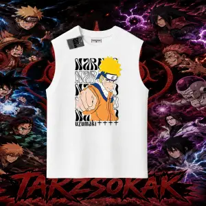 Naruto Uzumaki Premium Anime Oversize Unisex Kolsuz Tişört Beyaz