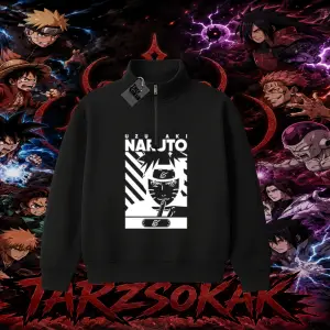 Naruto Uzumaki Premium Anime Unisex Polo Yaka Yarım Fermuarlı Sweatshirt Beyaz