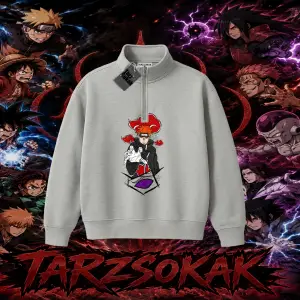 Naruto Uzumaki Premium Anime Unisex Polo Yaka Yarım Fermuarlı Sweatshirt Beyaz