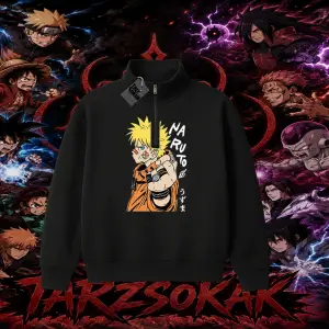 Naruto Uzumaki Premium Anime Unisex Polo Yaka Yarım Fermuarlı Sweatshirt Beyaz