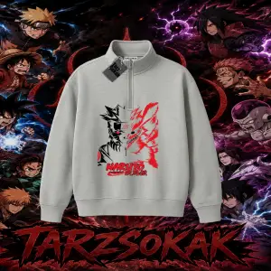 Naruto Uzumaki Premium Anime Unisex Polo Yaka Yarım Fermuarlı Sweatshirt Beyaz