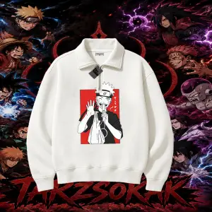 Naruto Uzumaki Premium Anime Unisex Polo Yaka Yarım Fermuarlı Sweatshirt Beyaz