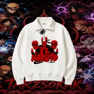 Naruto Uzumaki Premium Anime Unisex Polo Yaka Yarım Fermuarlı Sweatshirt Beyaz