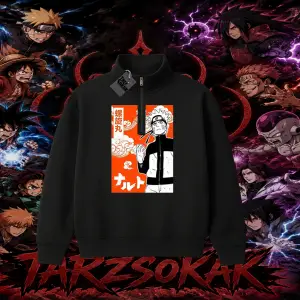 Naruto Uzumaki Premium Anime Unisex Polo Yaka Yarım Fermuarlı Sweatshirt Beyaz