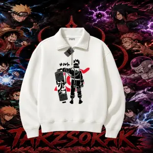 Naruto Uzumaki Premium Anime Unisex Polo Yaka Yarım Fermuarlı Sweatshirt Beyaz