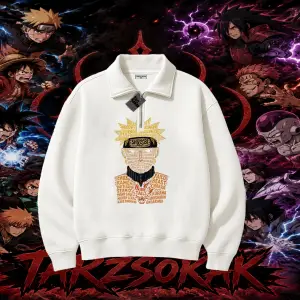 Naruto Uzumaki Premium Anime Unisex Polo Yaka Yarım Fermuarlı Sweatshirt Beyaz