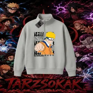 Naruto Uzumaki Premium Anime Unisex Polo Yaka Yarım Fermuarlı Sweatshirt Beyaz