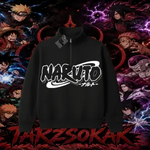 Naruto Uzumaki Premium Anime Unisex Polo Yaka Yarım Fermuarlı Sweatshirt Beyaz