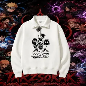 Naruto Uzumaki Premium Anime Unisex Polo Yaka Yarım Fermuarlı Sweatshirt Beyaz