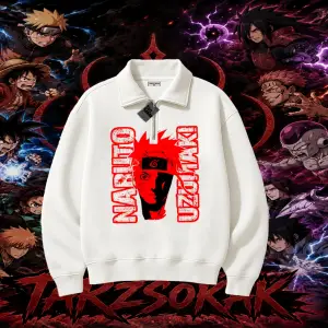 Naruto Uzumaki Premium Anime Unisex Polo Yaka Yarım Fermuarlı Sweatshirt Beyaz