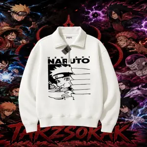 Naruto Uzumaki Premium Anime Unisex Polo Yaka Yarım Fermuarlı Sweatshirt Beyaz