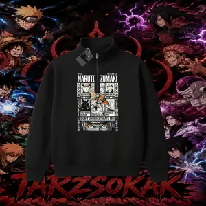 Naruto Uzumaki Premium Anime Unisex Polo Yaka Yarım Fermuarlı Sweatshirt Beyaz