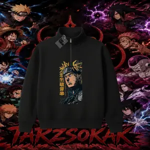 Naruto Uzumaki Premium Anime Unisex Polo Yaka Yarım Fermuarlı Sweatshirt Beyaz
