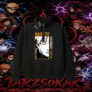 Naruto Uzumaki Premium Anime Unisex Polo Yaka Yarım Fermuarlı Sweatshirt Beyaz