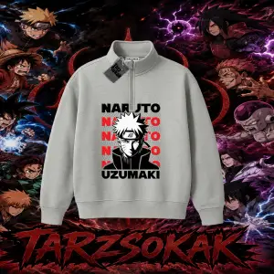 Naruto Uzumaki Premium Anime Unisex Polo Yaka Yarım Fermuarlı Sweatshirt Beyaz