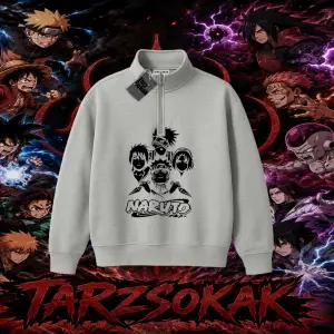 Naruto Uzumaki Premium Anime Unisex Polo Yaka Yarım Fermuarlı Sweatshirt Beyaz