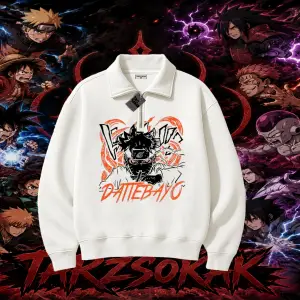 Naruto Uzumaki Premium Anime Unisex Polo Yaka Yarım Fermuarlı Sweatshirt Beyaz