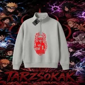 Naruto Uzumaki Premium Anime Unisex Polo Yaka Yarım Fermuarlı Sweatshirt Beyaz