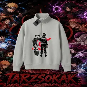 Naruto Uzumaki Premium Anime Unisex Polo Yaka Yarım Fermuarlı Sweatshirt Beyaz