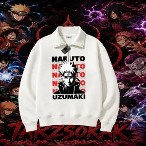 Naruto Uzumaki Premium Anime Unisex Polo Yaka Yarım Fermuarlı Sweatshirt Beyaz
