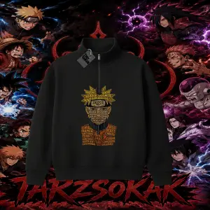 Naruto Uzumaki Premium Anime Unisex Polo Yaka Yarım Fermuarlı Sweatshirt Beyaz
