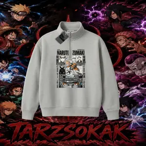 Naruto Uzumaki Premium Anime Unisex Polo Yaka Yarım Fermuarlı Sweatshirt Beyaz