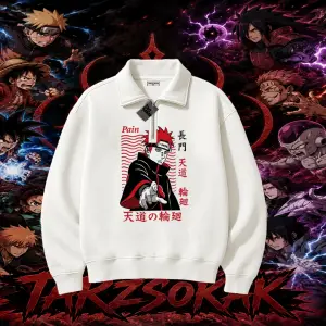 Naruto Uzumaki Premium Anime Unisex Polo Yaka Yarım Fermuarlı Sweatshirt Beyaz