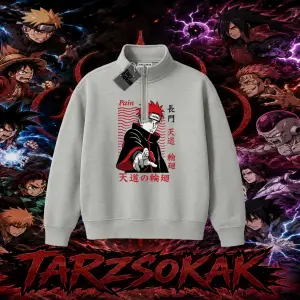 Naruto Uzumaki Premium Anime Unisex Polo Yaka Yarım Fermuarlı Sweatshirt Beyaz